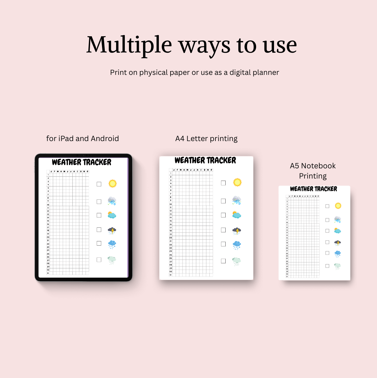 Weather Tracker - Printable Journal PageYearly Pages Scribbly Bits A4, and A5 layouts digital and printable formats,